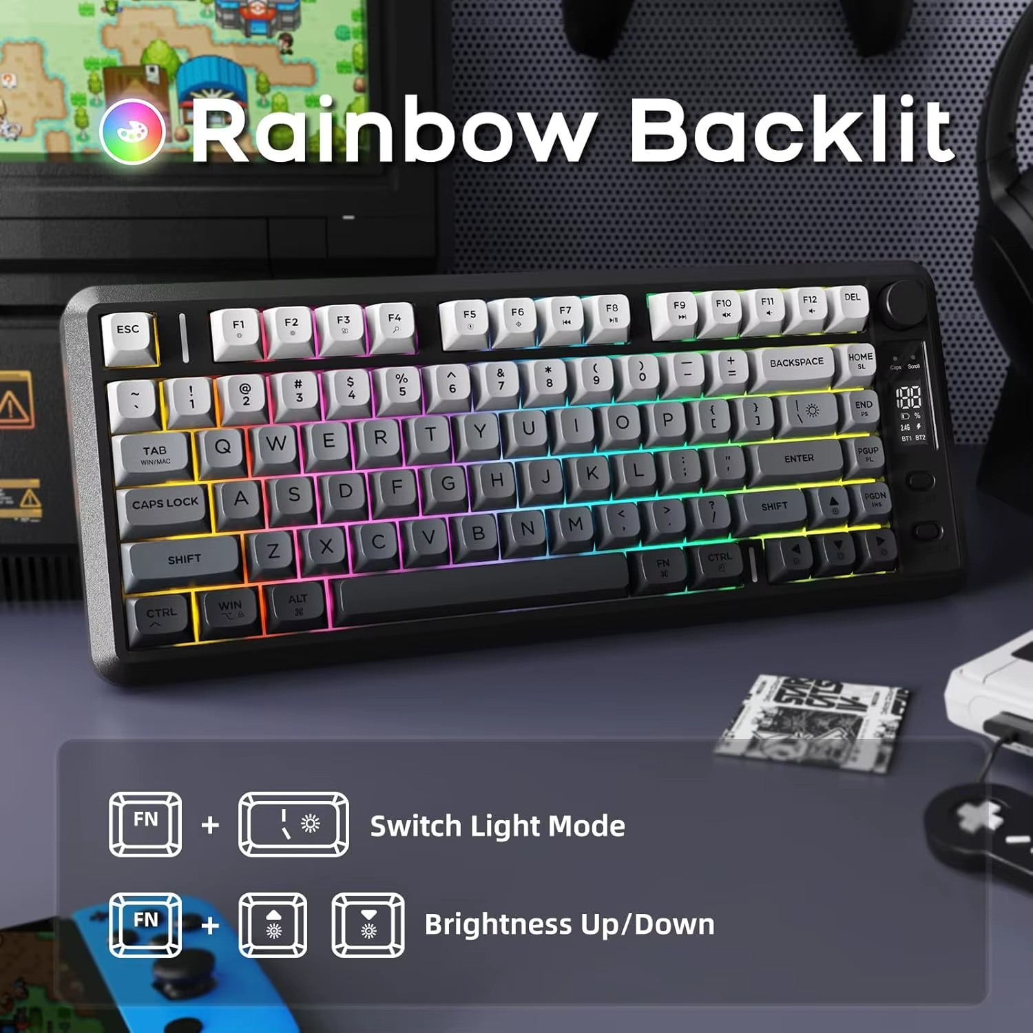 ATTACK SHARK M75 Wireless Membrane Gaming Keyboard with Knob&OLED Display Bluetooth/2.4Ghz Rainbow Backlit Gradient PBT Keycaps - Image 2